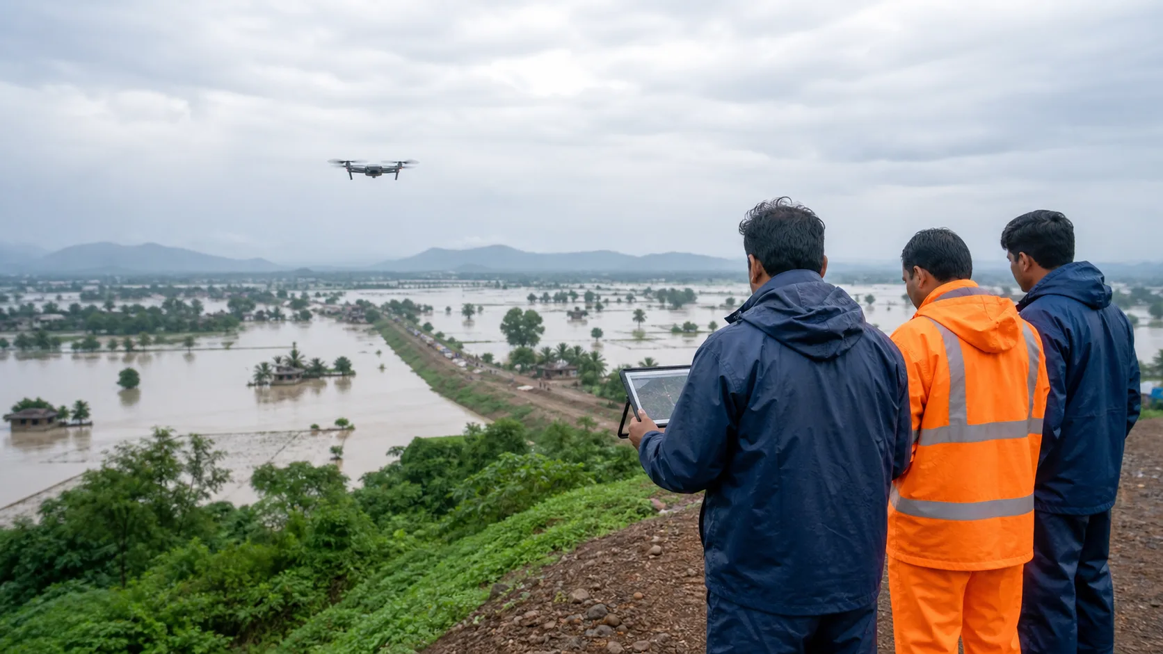 Field team observing a flooded landscape from high ground while a drone supports disaster assessment.