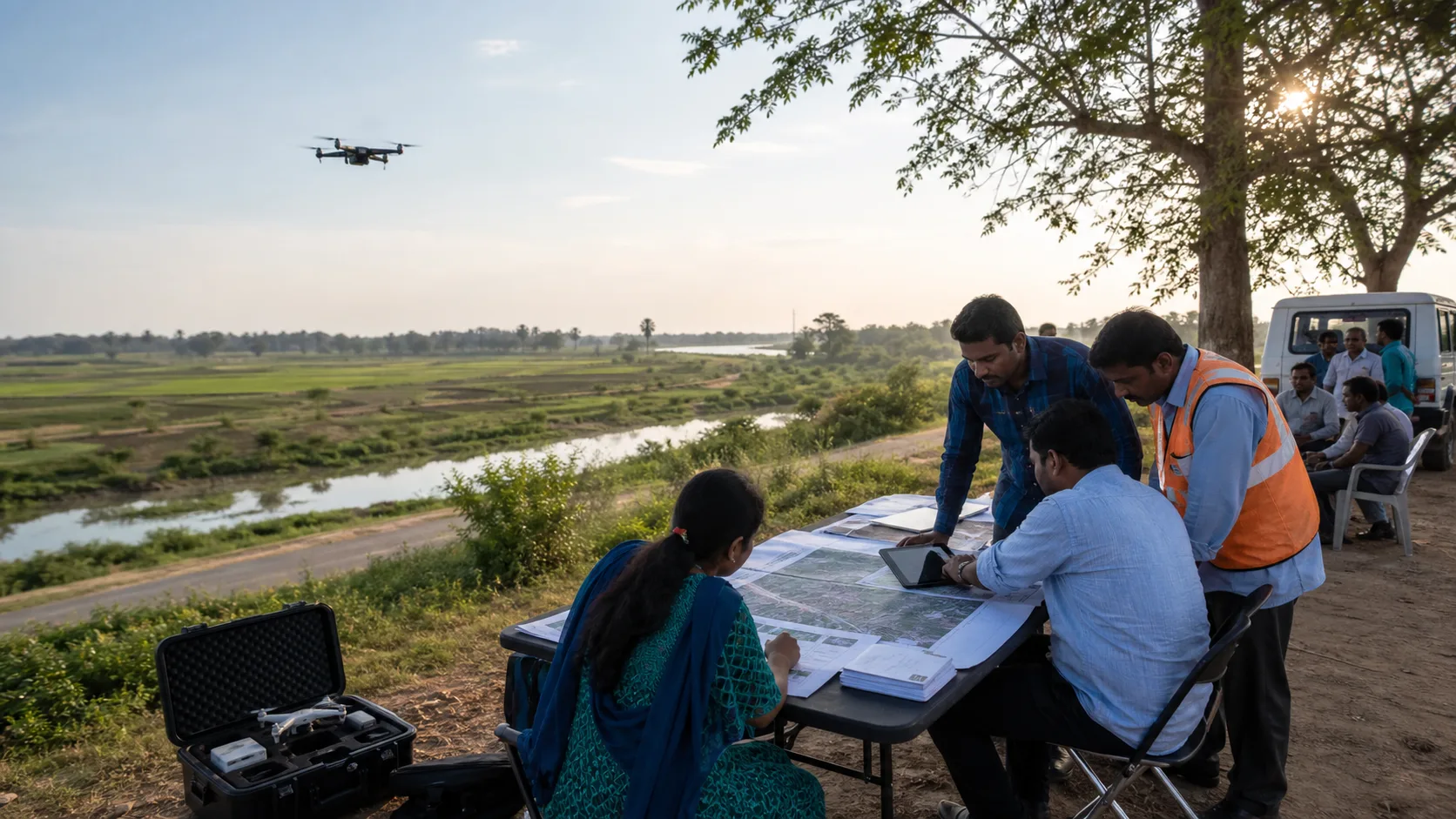 District field team reviewing maps and tablet data near farmland while a drone supports geospatial review.