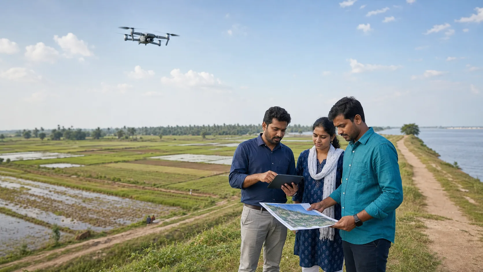 Field team using a map and tablet while a drone flies over agricultural land and a waterway.