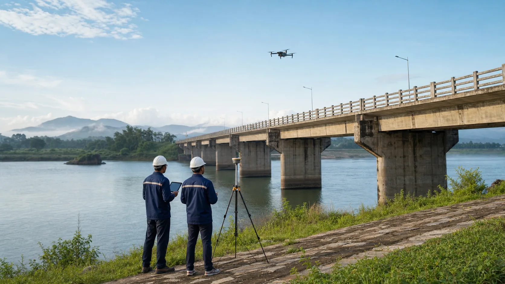 Engineers beside a bridge and river using a drone-supported workflow for public infrastructure inspection.